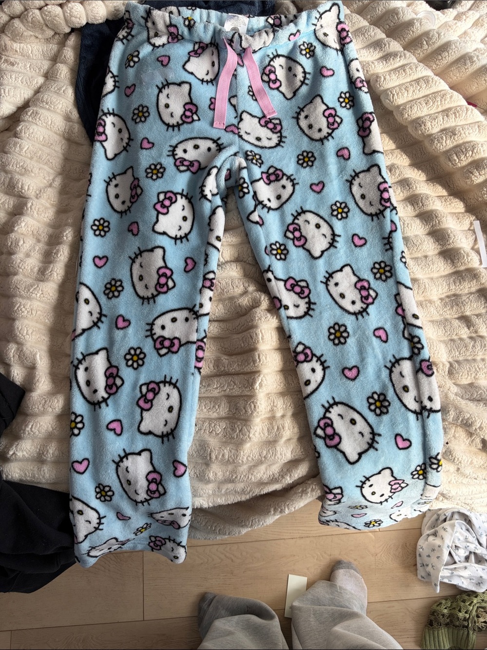 Hello Kitty Light Blue Fleece Pajama Bottoms with Pink Bow Accents